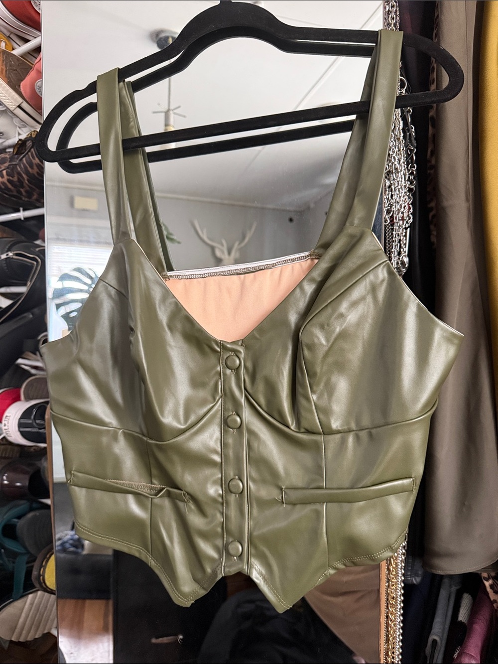 SHEIN Olive Green Faux Leather Crop Top